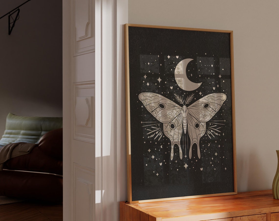 Celestial Moth Moon Stars Vintage Witchy Black Art Print Boho Decor