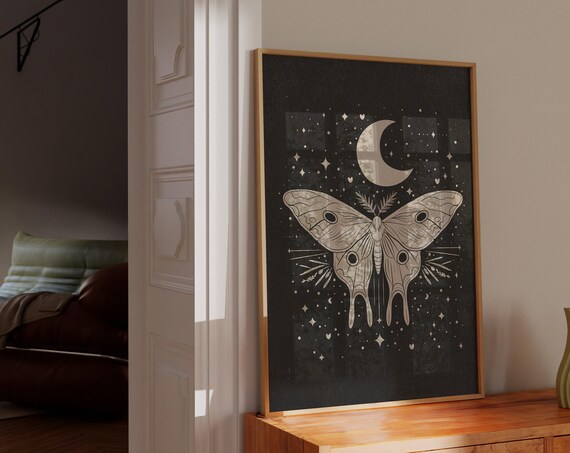 Celestial Moth Moon Stars Vintage Witchy Black Art Print Boho Decor