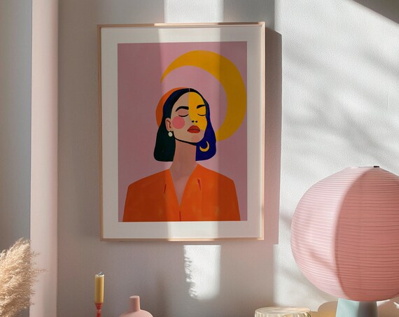 Woman Portrait with Golden Crescent Moon Mid Century Art Poster