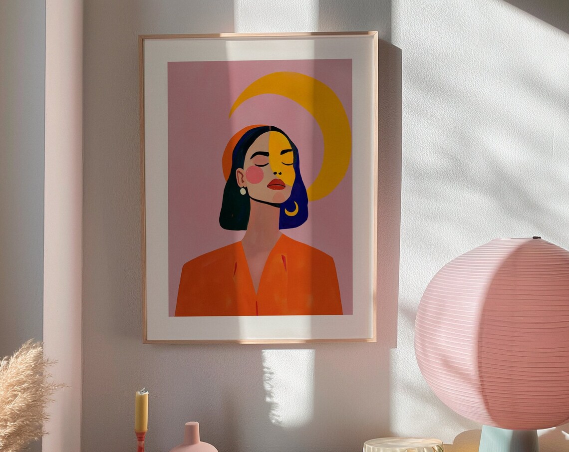Woman Portrait with Golden Crescent Moon Mid Century Art Poster