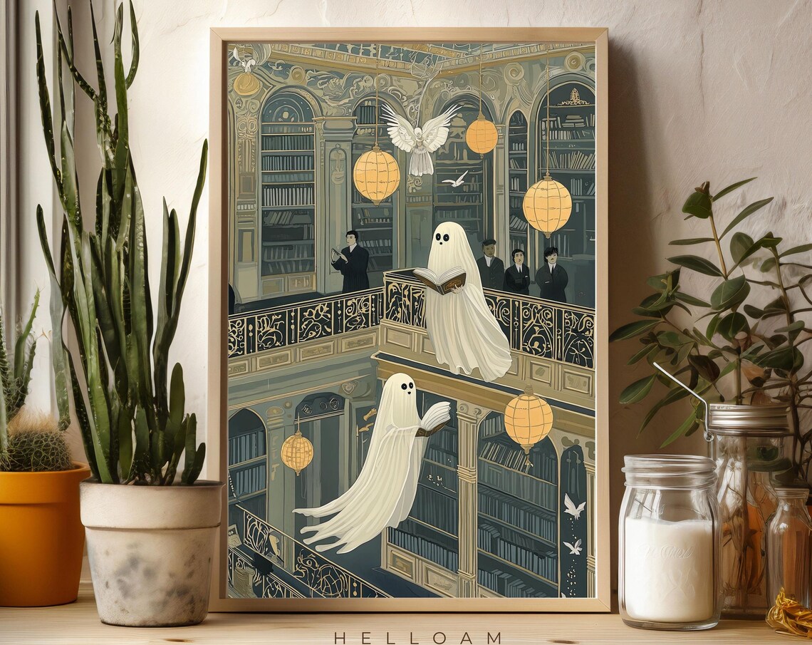 Two Cute Ghosts in Flower Woods, Vintage Gothic Art Print