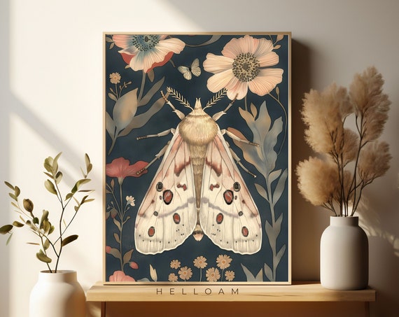 Moths And Poppy Flowers Botanical Illustrations Magic Art Print Boho Aesthetic Poppy Art Print Cottagecore Nature Print Moths All