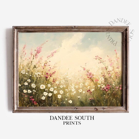 Pink and White Wildflowers Meadow Oil Painting Soft Floral Wall Art