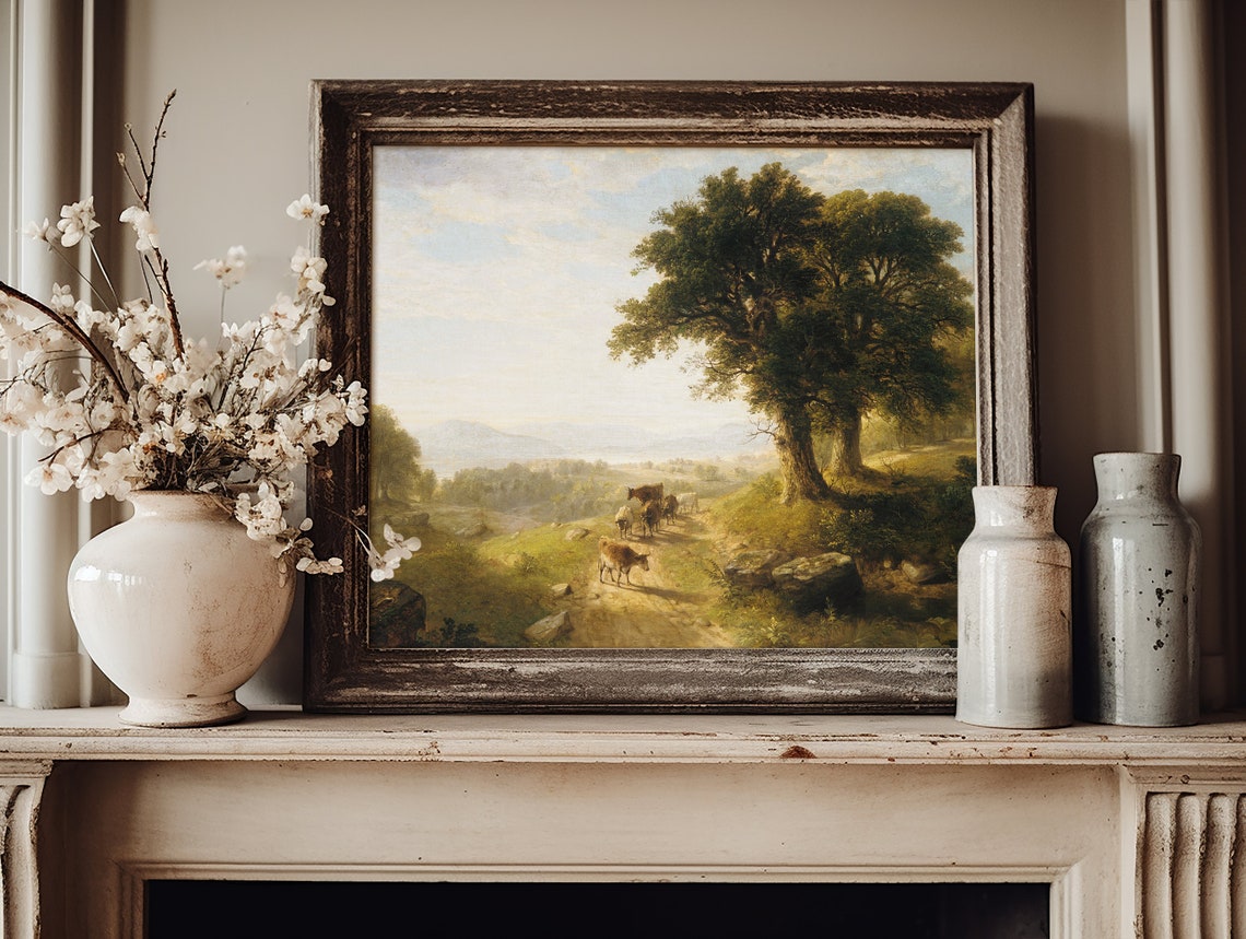 Cows On Sunny Country Path Big Oak Trees Hills Vintage Art Print - Image 2