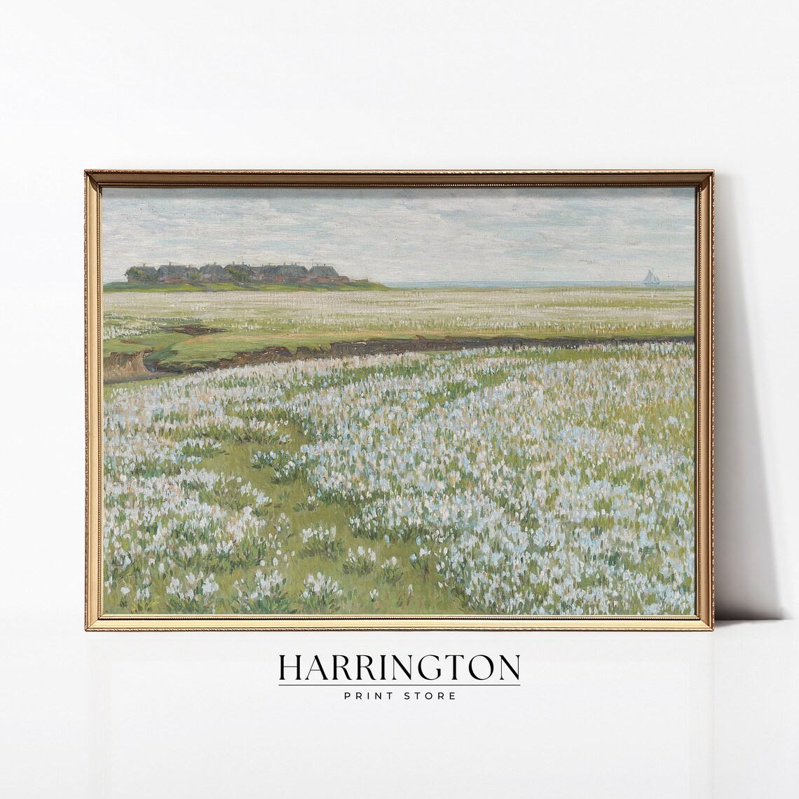 Blooming Flower Field Farmhouses Vintage Coastal Meadow Art Poster
