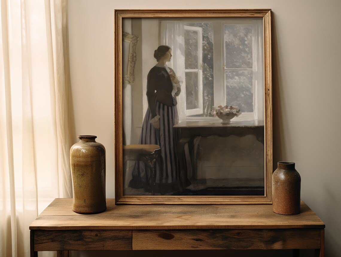 Woman by Sunlit Window Vintage Interior Painting Antique Art Poster - Image 4