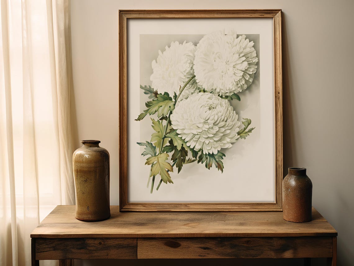 White Chrysanthemum Botanical Floral Vintage Still Life Print Poster - Image 4
