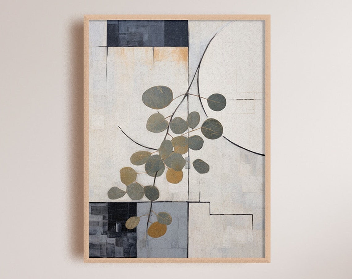 Minimal Eucalyptus Branch on Abstract Neutral Tone Canvas Poster