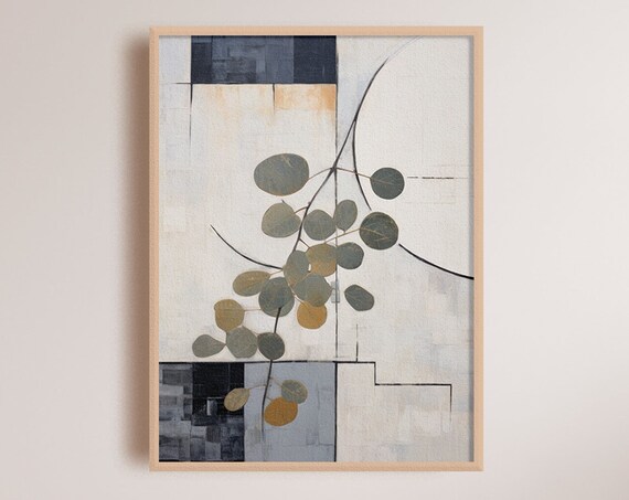 Minimal Eucalyptus Branch on Abstract Neutral Tone Canvas Poster