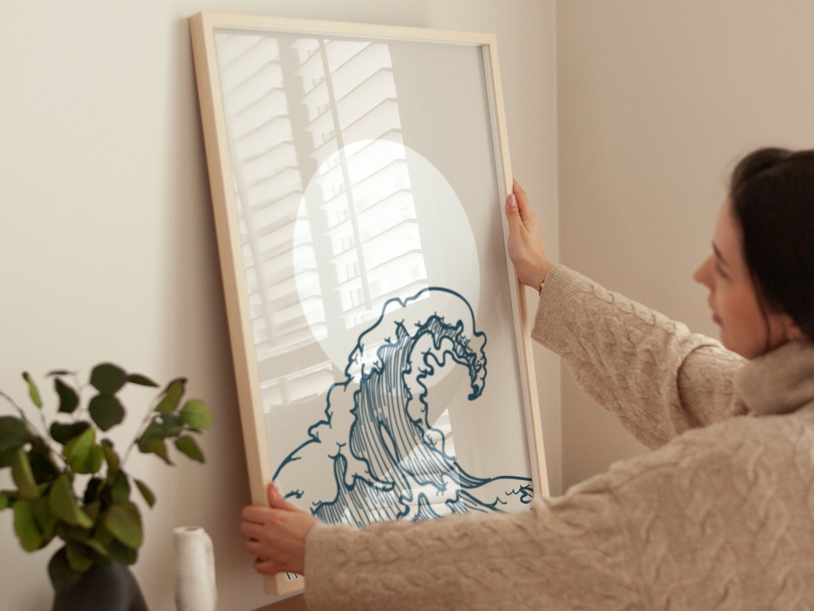 Great Wave Line Art Minimalist Ocean Blue Boho Wall Art Poster - Image 4