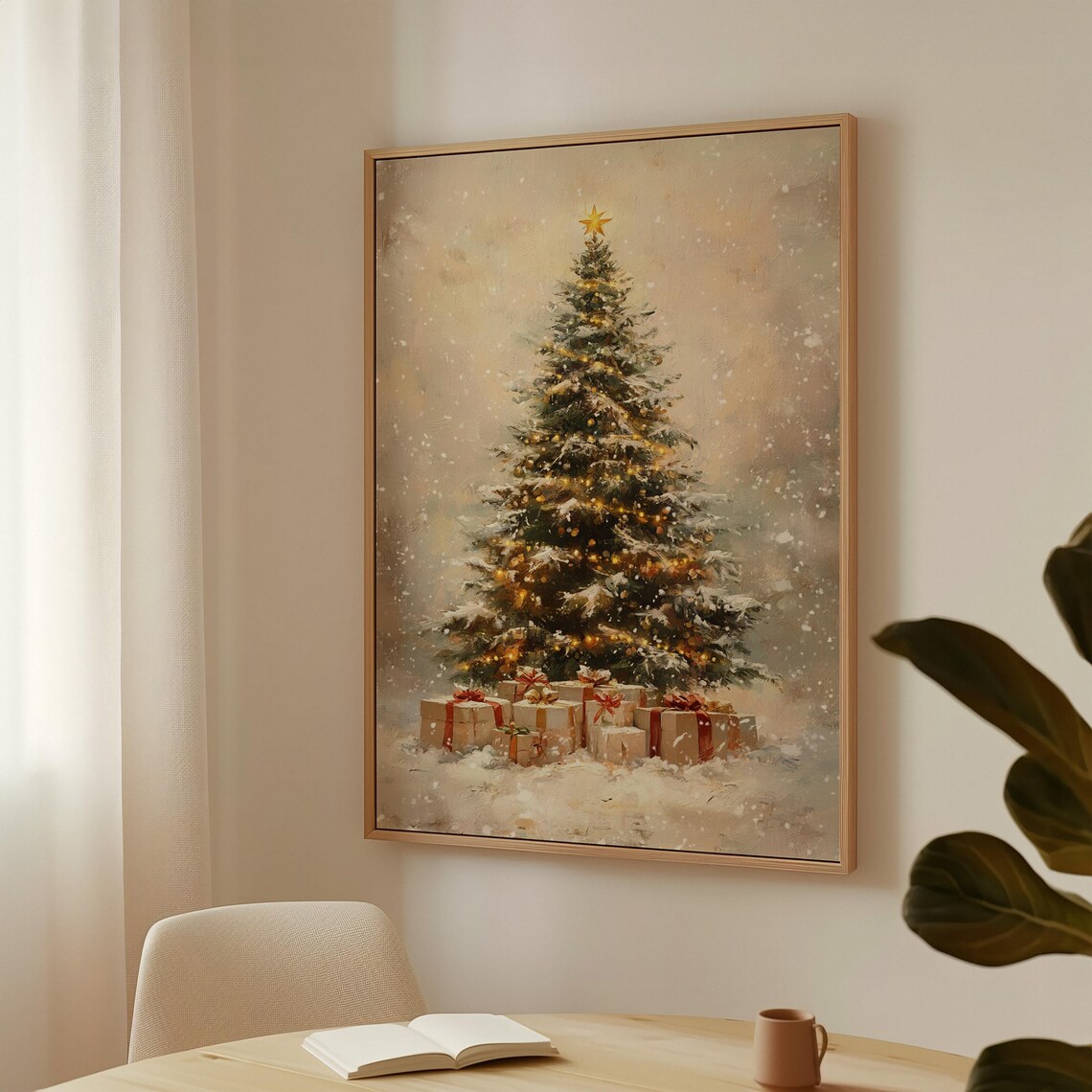 Snowy Christmas Tree With Golden Lights And Gifts Cozy Holiday Poster