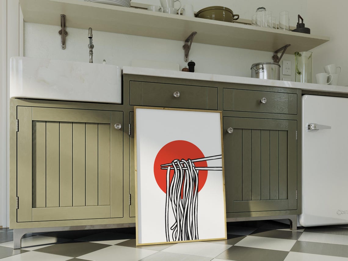 Ramen Noodles Chopsticks Red Sun Minimalist Japanese Kitchen Art Print