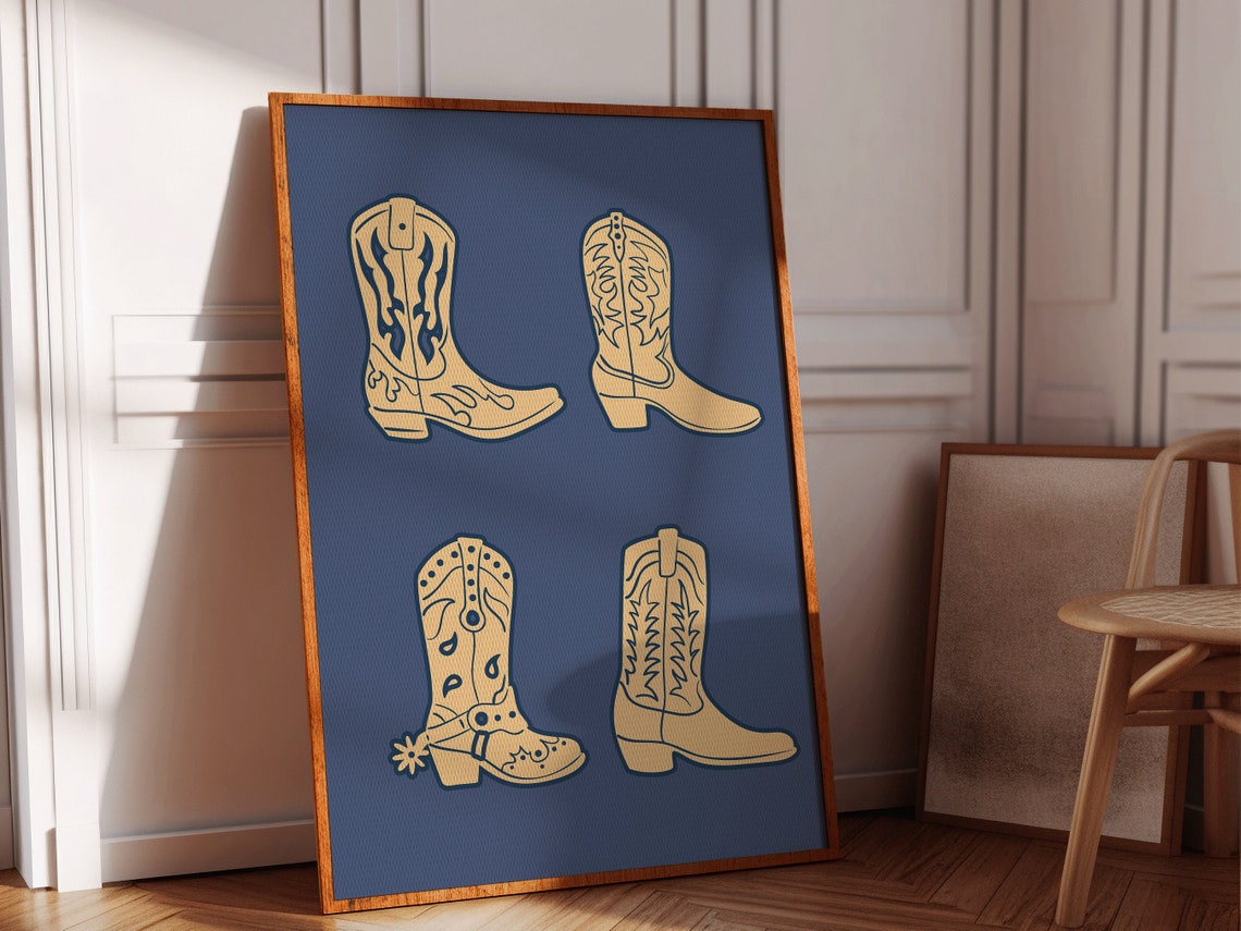 Cowboy Boots Quartet Tan on Navy Minimalist Western Wall Art