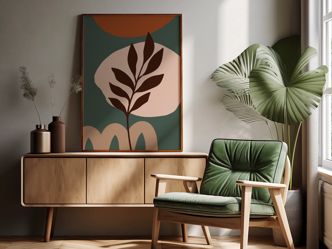 Teal Terracotta Botanical Leaf Circle Abstract Boho Wall Poster - Image 2