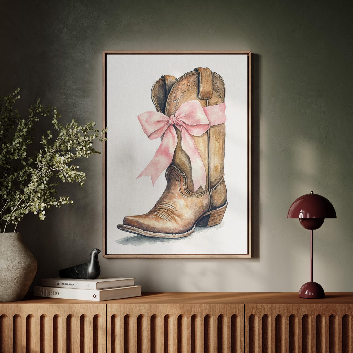 Rustic Watercolor Cowboy Boot With Pink Bow Western Inspired Artwork For Country Home Decor And Charming Gift Ideas - Image 3