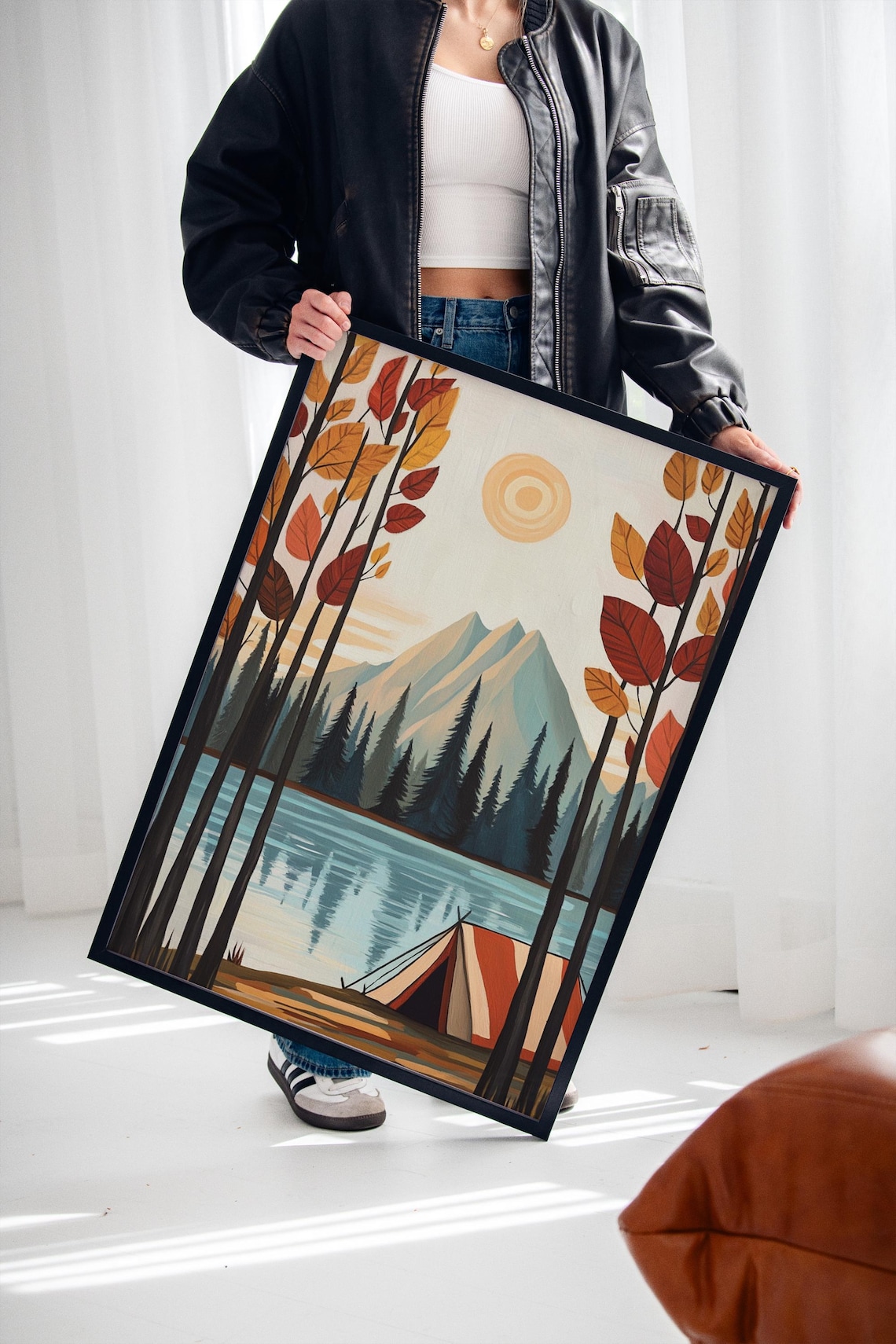 Autumn Camping Art Print, Tranquil Mountain Lake Scene - Image 2