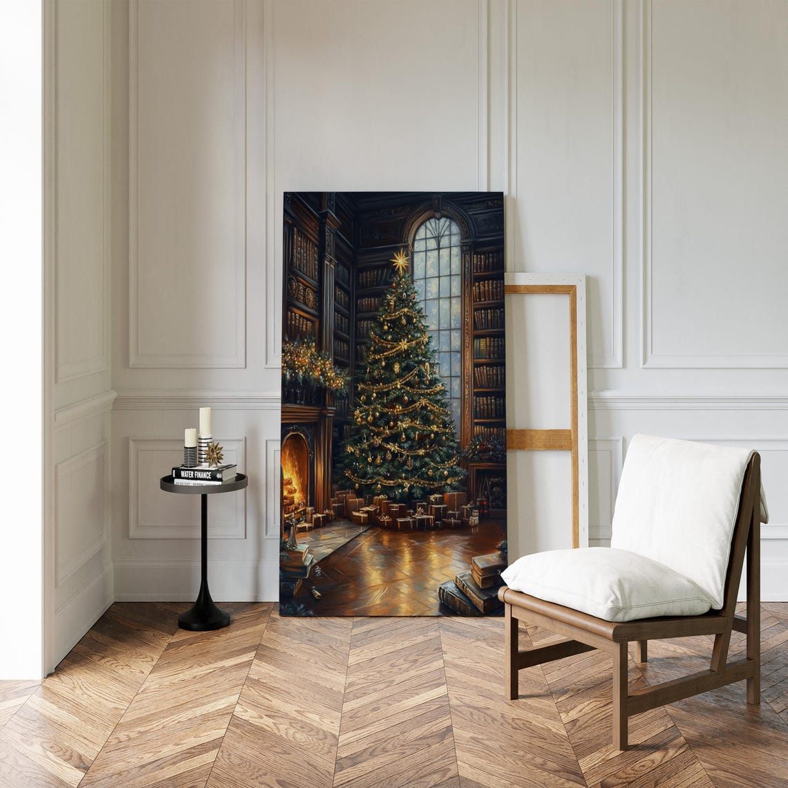 Christmas Library Grand Tree Fireplace Cozy Vintage Holiday Art Print - Image 3