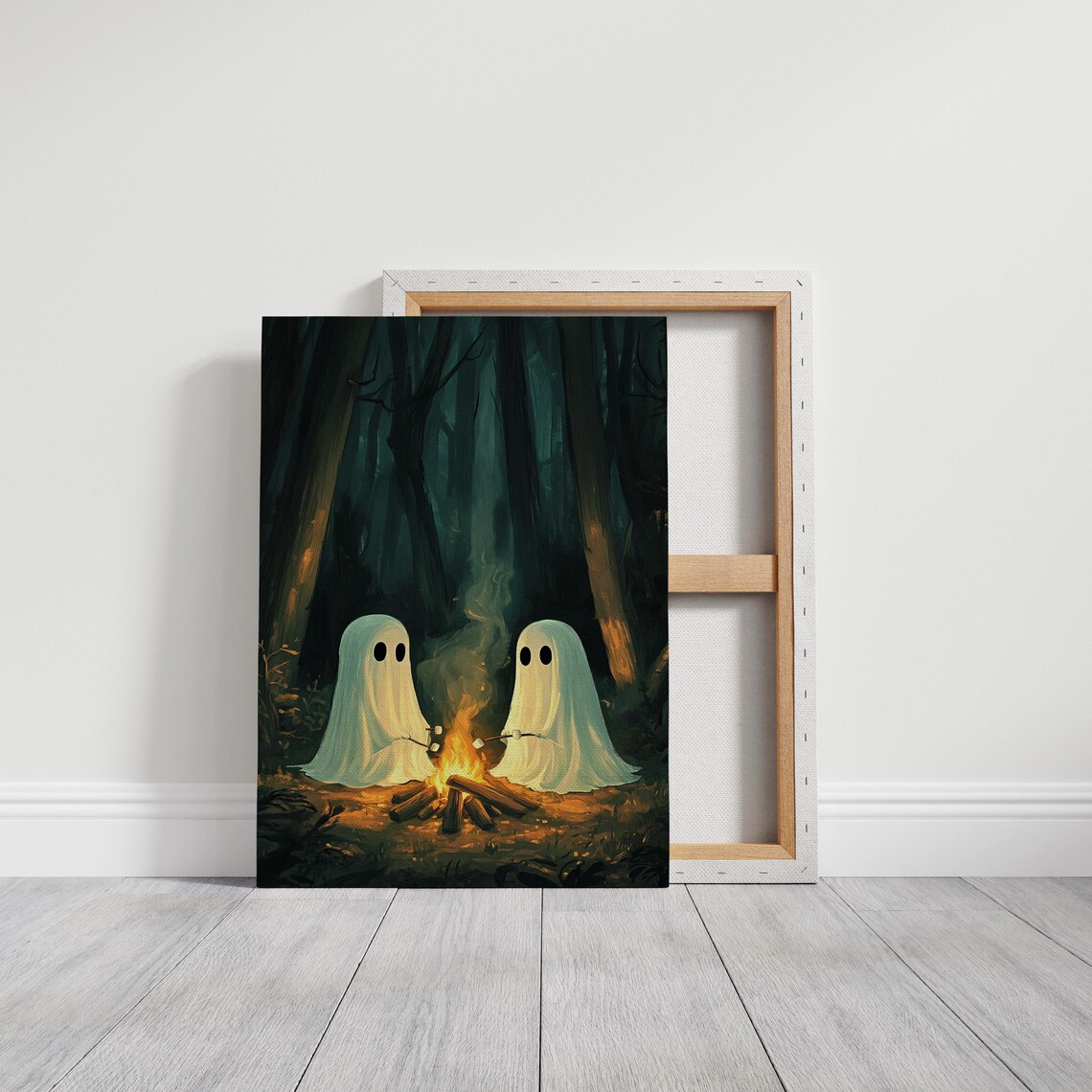 Adorable Ghost Duo Campfire Roasting Marshmallows Spooky Forest Wall Poster - Image 4