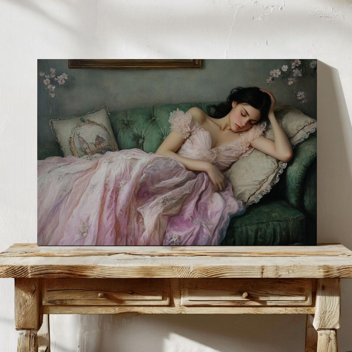 Romantic Lady in Pink Gown Reclining on Green Sofa Vintage Poster - Image 3
