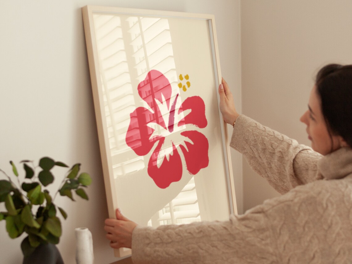 Bold Red Hibiscus Flower Minimalist Tropical Botanical Wall Art