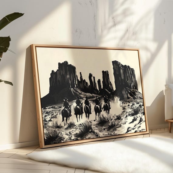Black And White Cowboy Art Print Western Desert Scene Vintage Rodeo Wall Decor Rustic Horseback Riders Old West Illustration