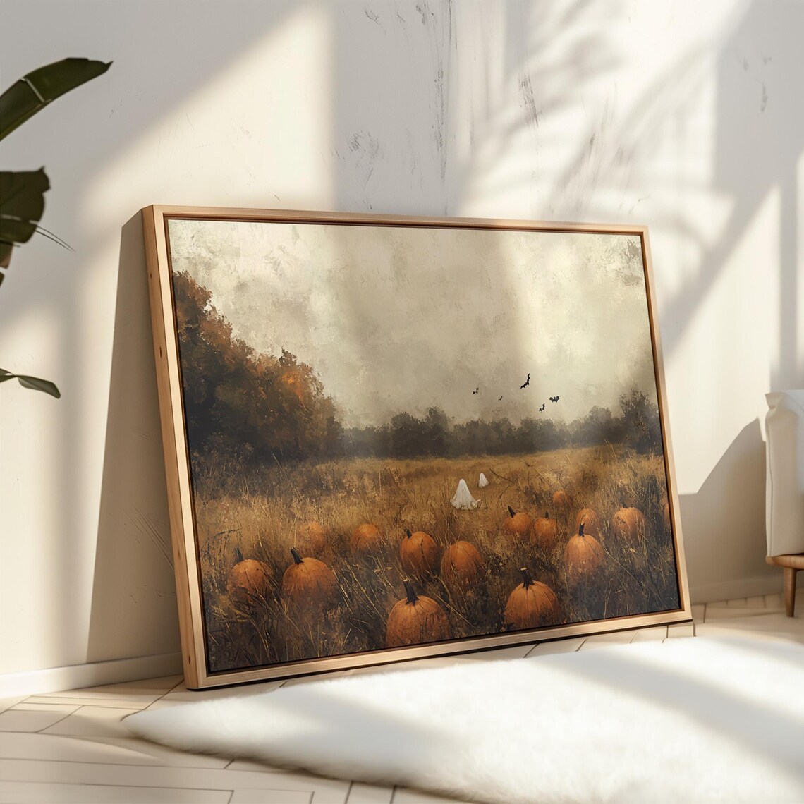 Ghost In Pumpkin Field Misty Autumn Landscape Halloween Wall Art