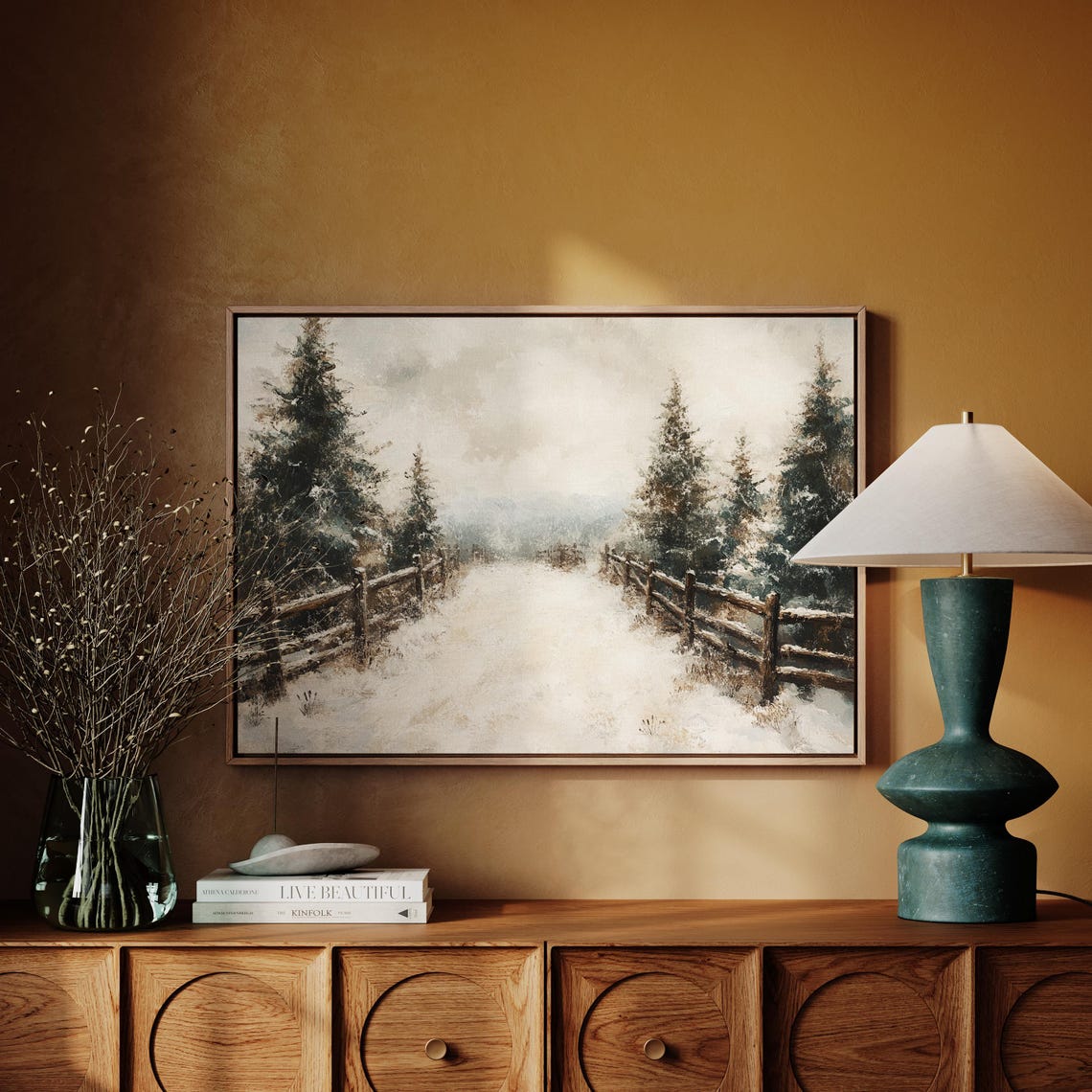 Winter Pathway Through Snowy Pines Rustic Landscape Wall Art Print For Cozy Seasonal Home Decor - Image 4