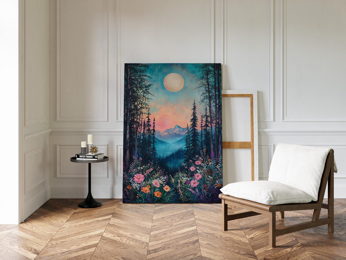 Enchanted Moonlit Mountain Art Print, Floral Forest Scene - Image 5