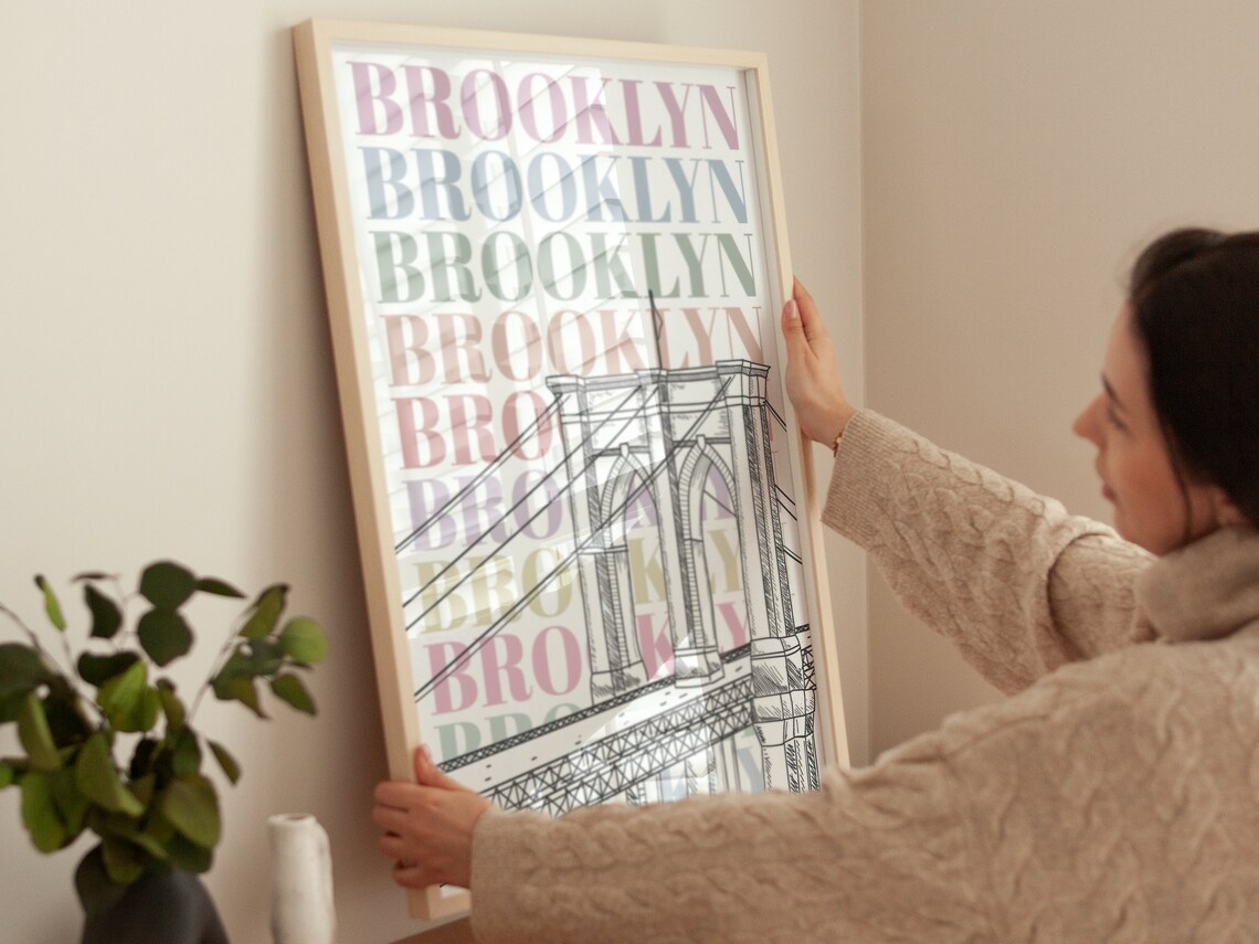 Brooklyn Bridge Line Art With Pastel Typography New York City Poster - Image 4