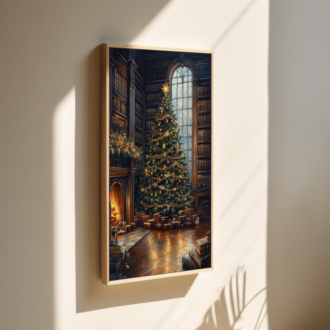 Christmas Library Grand Tree Fireplace Cozy Vintage Holiday Art Print - Image 2