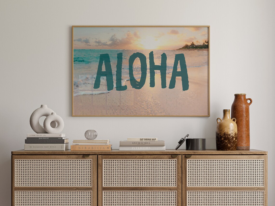 Aloha Teal Brush Lettering Beach Sunset Photo Hawaiian Greeting Poster - Image 2