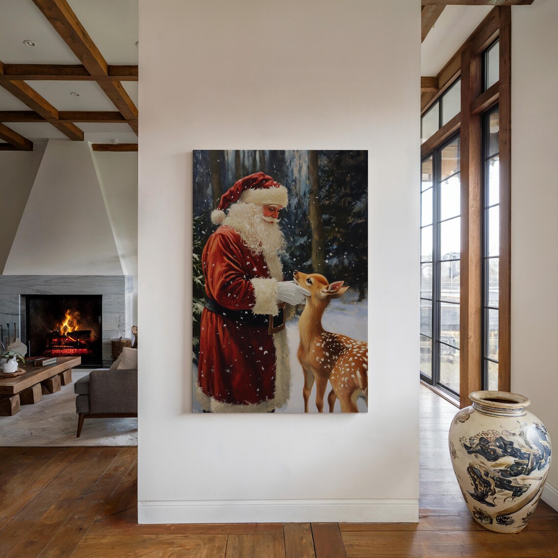 Santa Claus With Spotted Fawn In Snowy Winter Forest Christmas Poster - Image 3