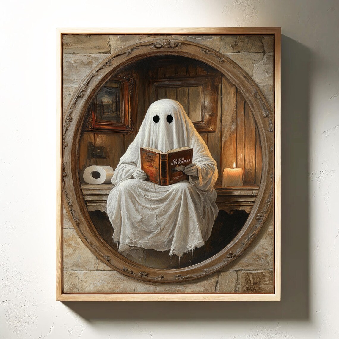 Cute Ghost Reading Book In Mirror Rustic Whimsical Halloween Spooky Poster - Image 2