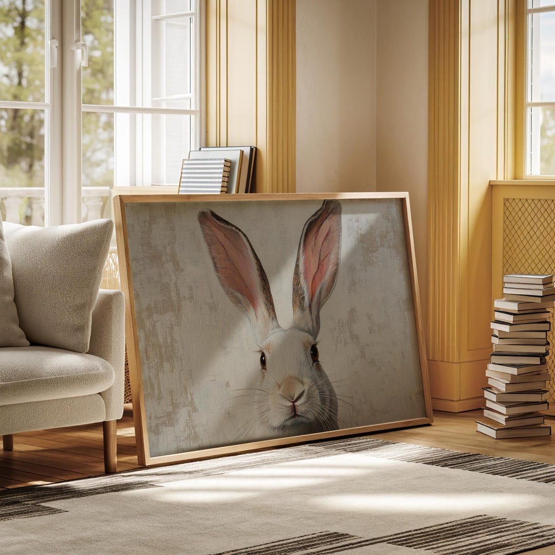 White Rabbit Front Portrait Soft Neutral Minimalist Farmhouse Print - Image 5