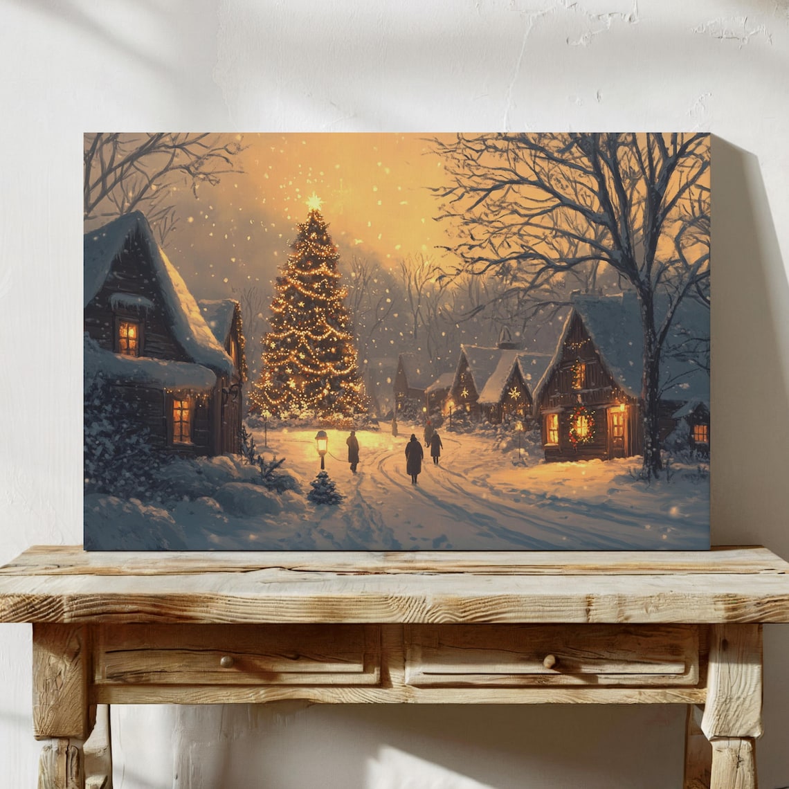 Golden Christmas Village Glowing Tree Warm Snowy Holiday Scene Poster