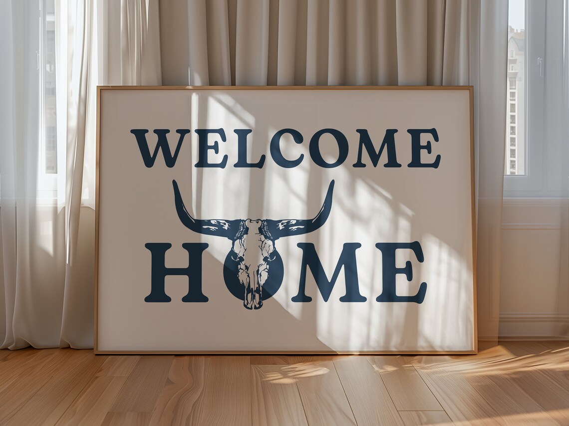Welcome Home Longhorn Skull Navy Boho Western Ranch Decor Poster - Image 2