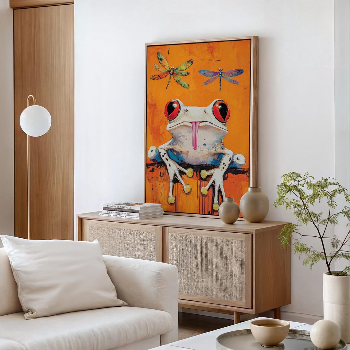Colorful Tree Frog Dragonflies Pop Art Orange Background Whimsy Poster - Image 4