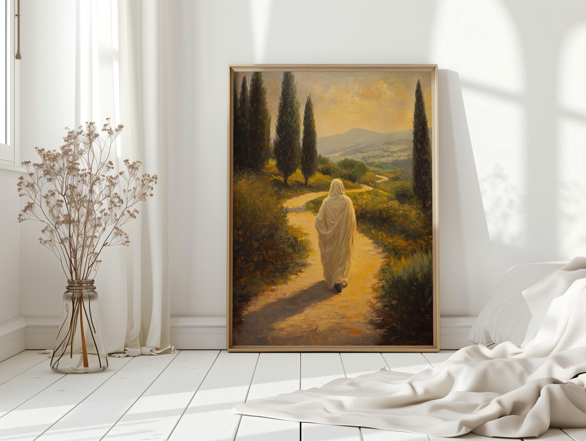 Jesus Walking Peaceful Hillside Path, Christian Landscape Art Print - Image 2