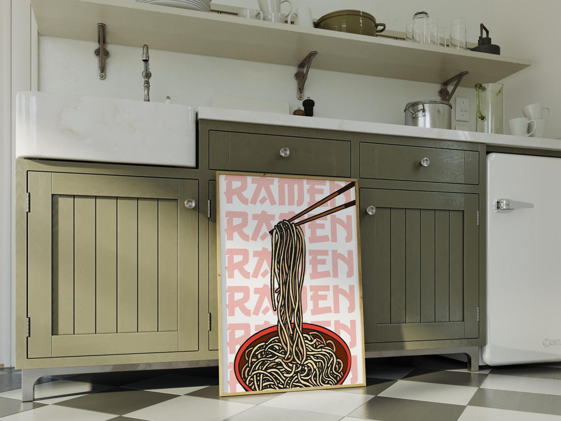 Ramen Bowl Chopsticks Pop Art Pink Typography Kitchen Wall Art