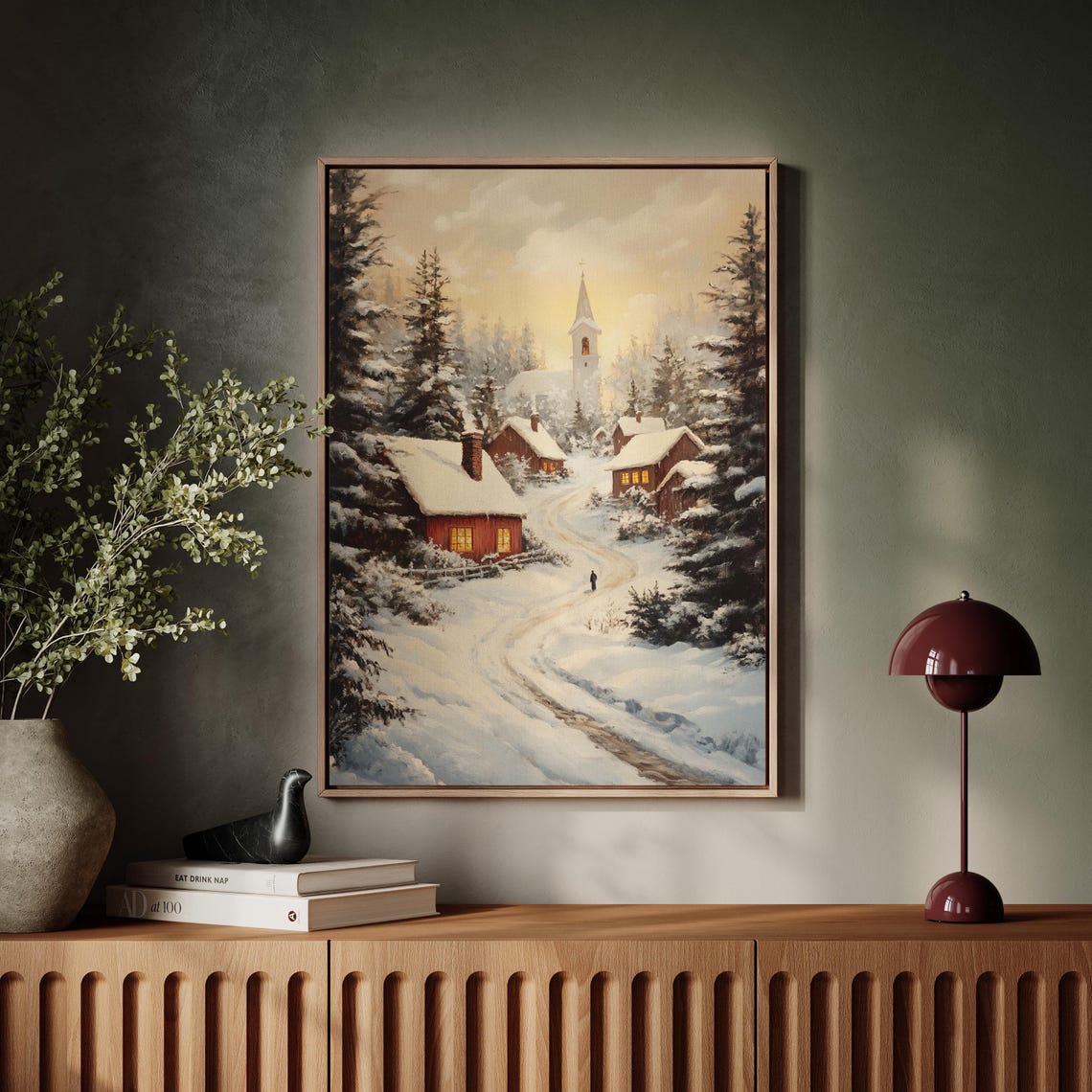 Peaceful Winter Village Scene, Rustic Holiday Decor - Image 5