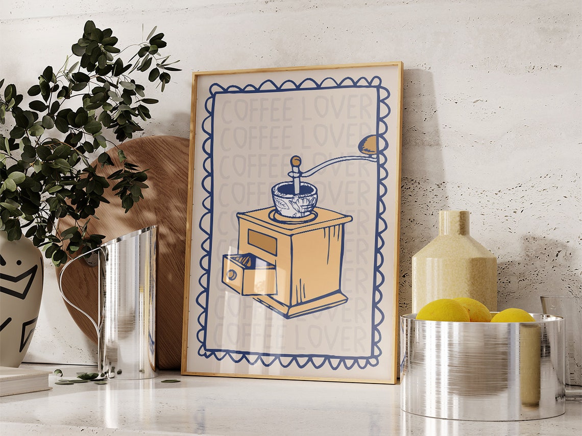 Coffee Lover Vintage Grinder Navy Line Art Kitchen Wall Poster - Image 2
