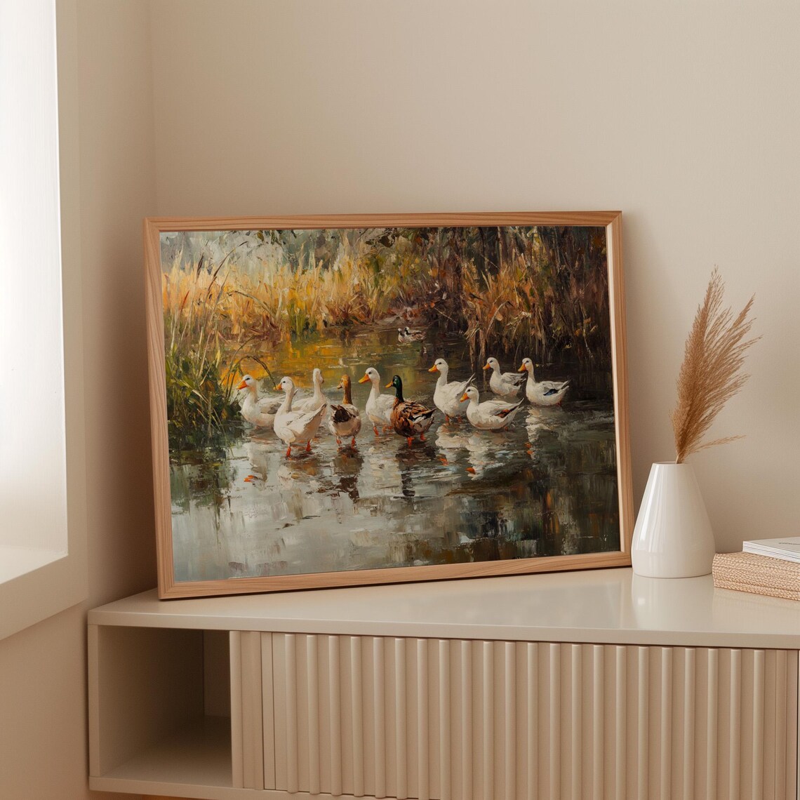 Country Duck Pond Painting, Rustic Autumn Landscape - Image 2