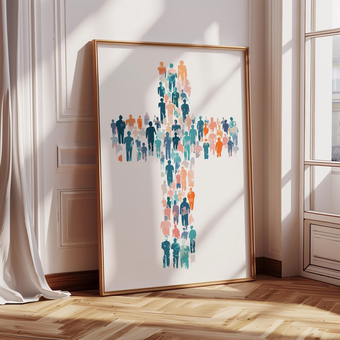 Christian Watercolor Cross of People, Faith Unity