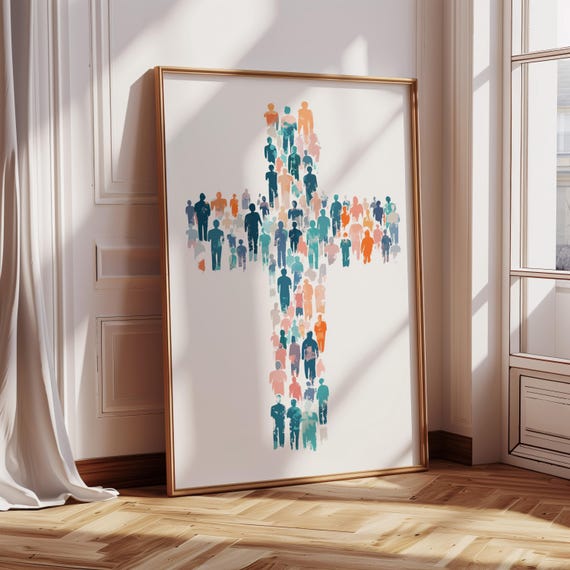 Christian Watercolor Cross of People, Faith Unity