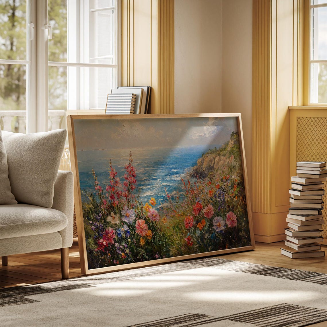 Wildflower Cliff Coastal Ocean View Vibrant Floral Seascape Wall Art - Image 4