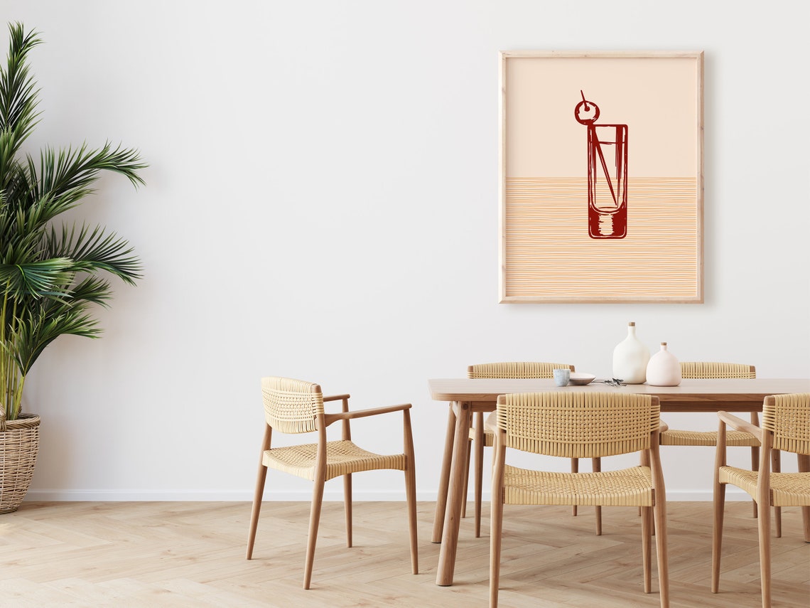 Boho Cherry Garnish Tall Cocktail Terracotta Line Art Wall Poster - Image 2