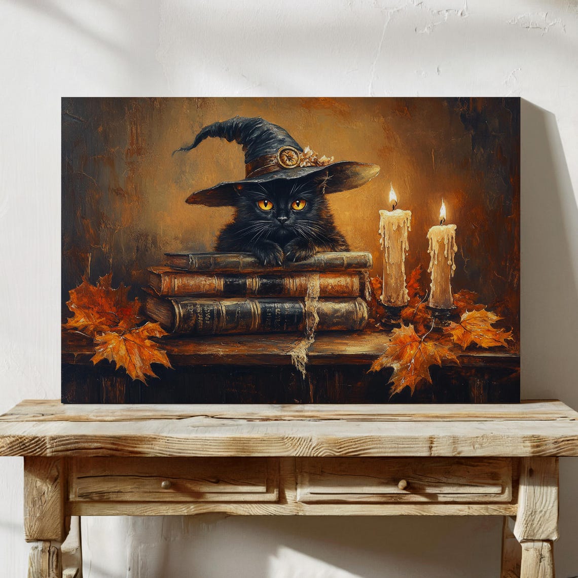 Witchy Black Cat Wizard Hat Books Candlelight Autumn Halloween Poster