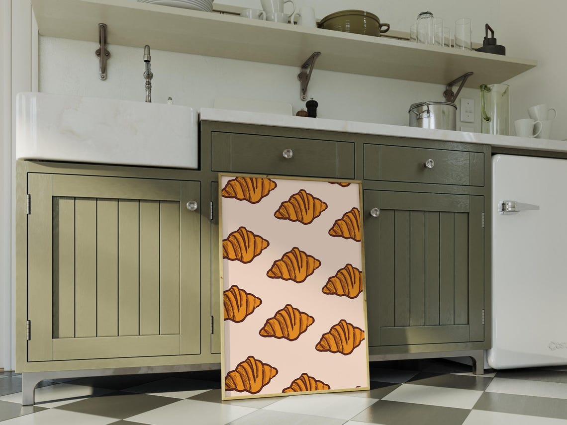 Golden Croissant Pattern Blush Pink French Bakery Kitchen Poster