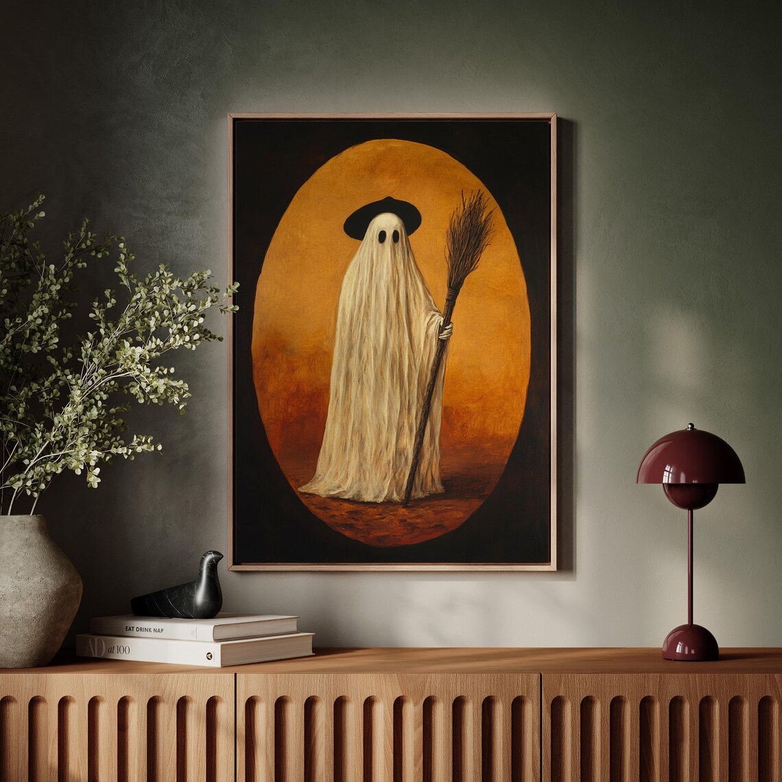 Vintage Ghost Witch With Broom Halloween Oval Portrait Poster - Image 5