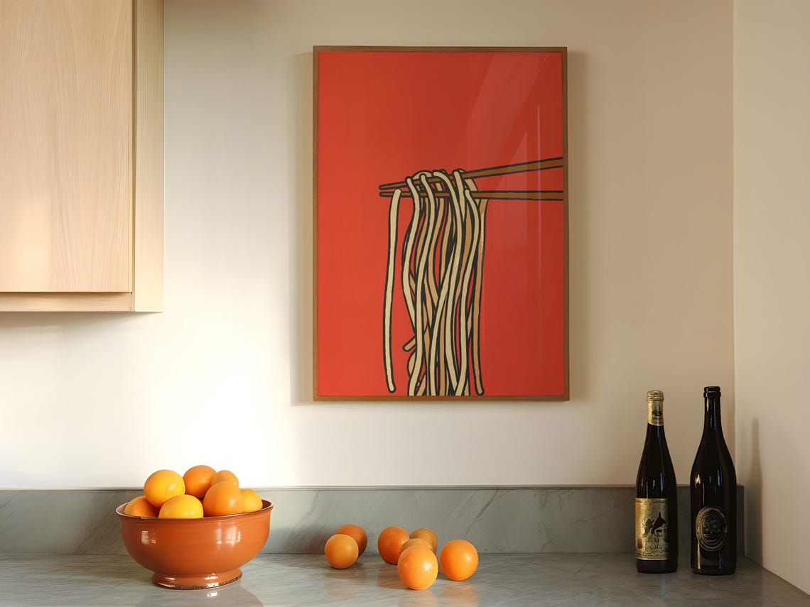 Ramen Chopsticks Lifting Noodles Bold Red Background Kitchen Poster - Image 4
